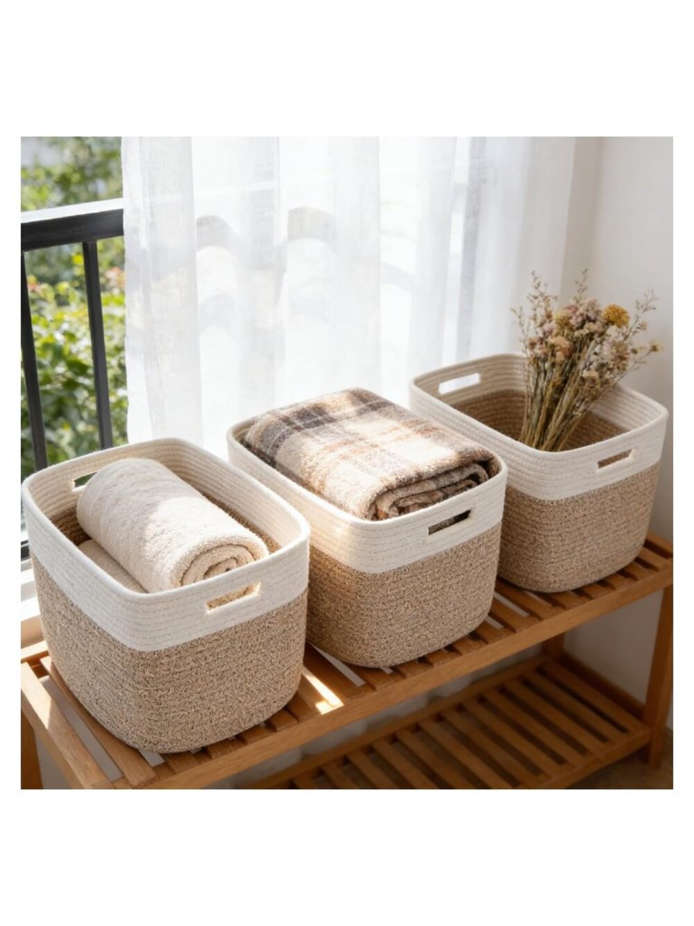 Cotton Rope Woven Storage Baskets Set of 3 with Handles Collapsible